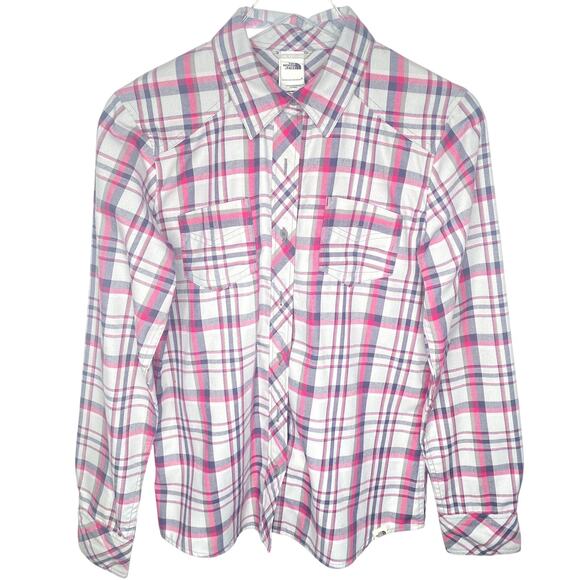 The North Face Womens Pink Gray White Button Front Long Sleeve Shirt Size Medium - Picture 1 of 8
